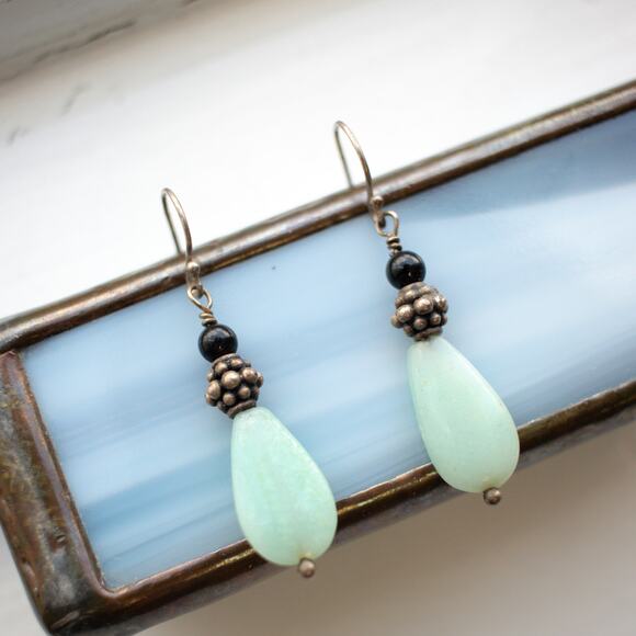 Vintage Ornate Beaded Jade Dangle Earrings - Picture 2 of 4